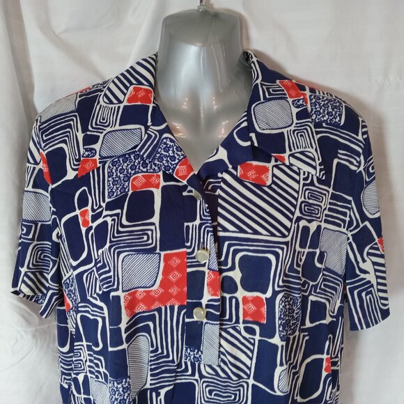 Vintage Blouse Button Down Shirt Women's Sz XL Blue Red White Geometric Retro - Picture 3 of 14